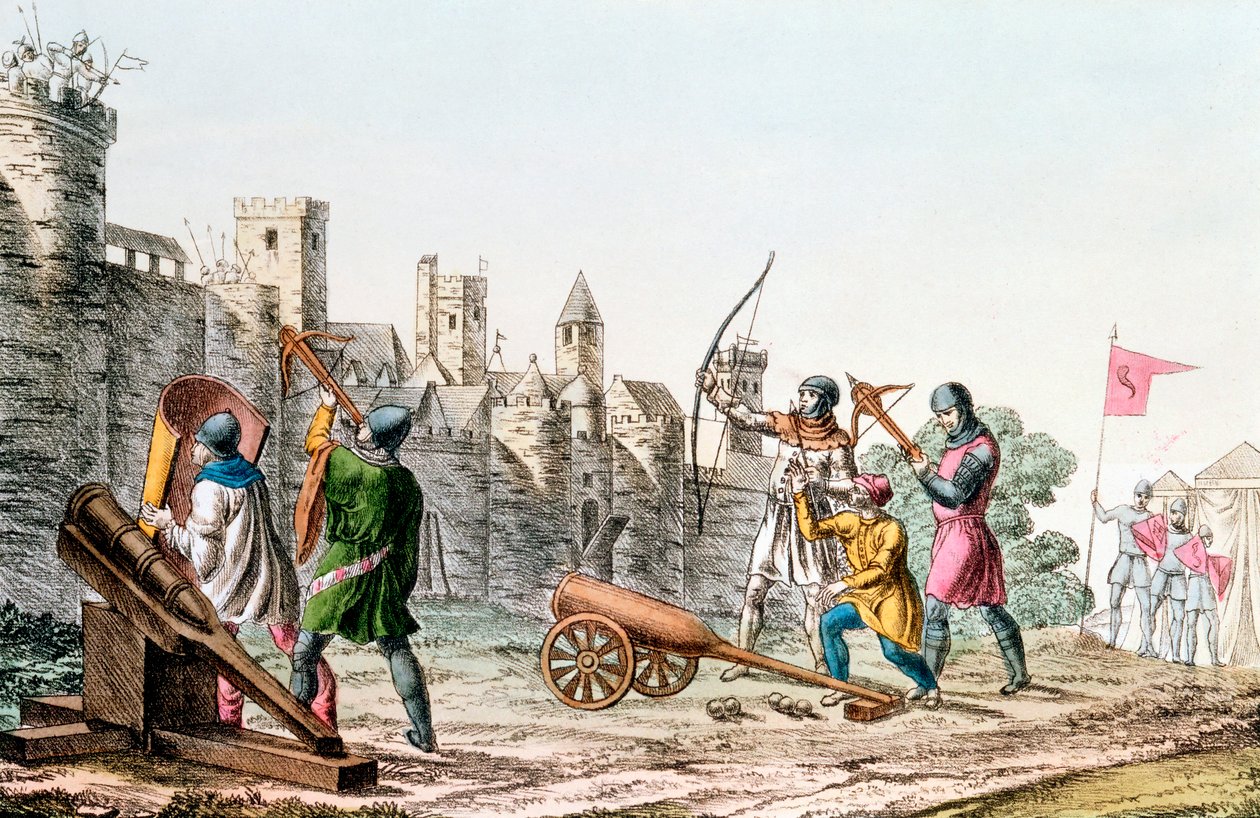 Engelske tropper angriber en fransk by, Hundredårskrig, 1337-1453 c1830 af Unbekannt