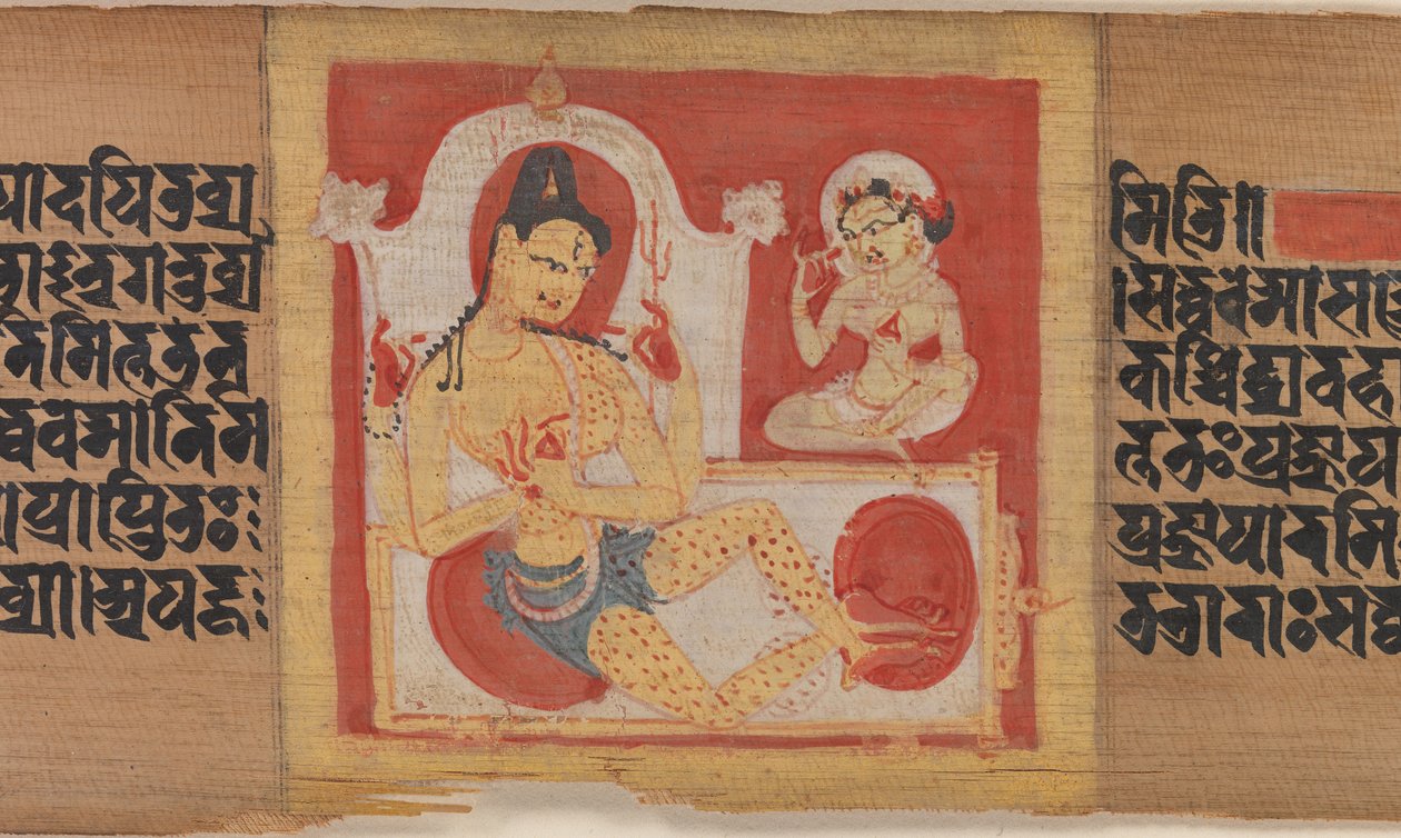 Tronet firearmet Bodhisattva, Blad fra...Pancavimsatisahasrika Prajnaparamita..., ca. 1090. af Unbekannt