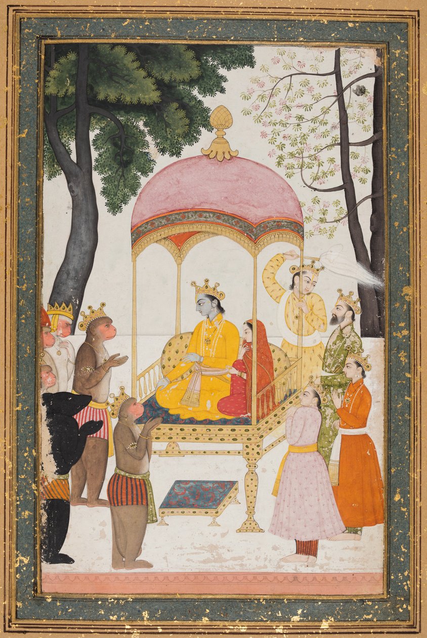 Tronende Rama og Sita modtager hyldest fra deres abe- og bjørnallierede, ca. 1765. af Unbekannt