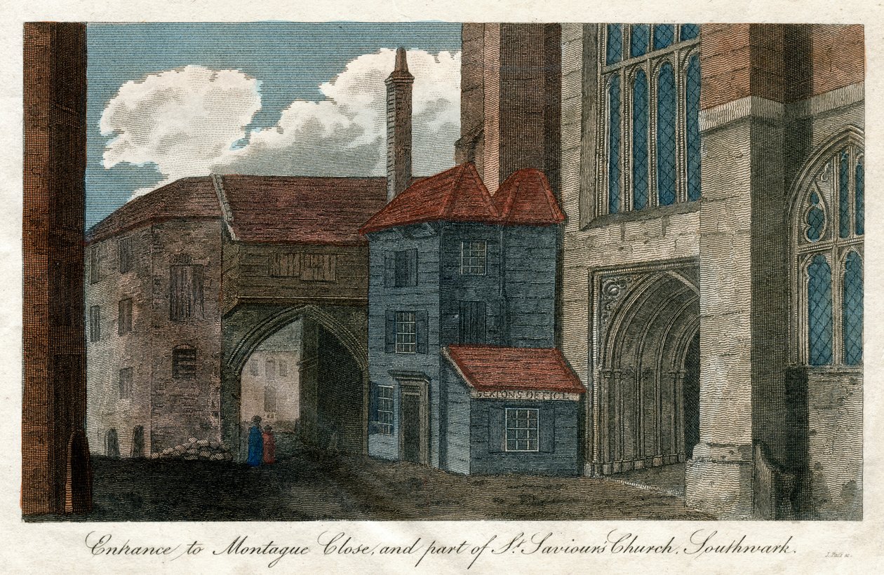 Indgang til Montague Close, og en del af St Savios Church, Southwark, London, 1814 af Unbekannt