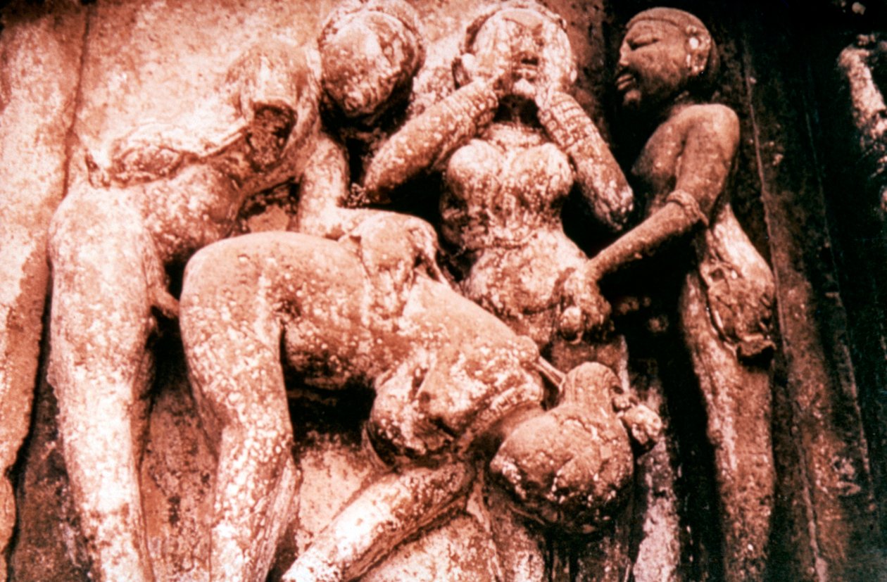 Erotisk skulptur, hinduistisk tempel, Khajuraho, Indien, 950 - 1050 af Unbekannt