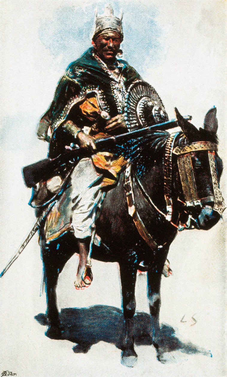 Etiopisk krig: Portræt af Menelik II (1844-1913), kejser (Negus) af Etiopien (1889-1913) farvefotografi fra det 20. århundrede af Unbekannt