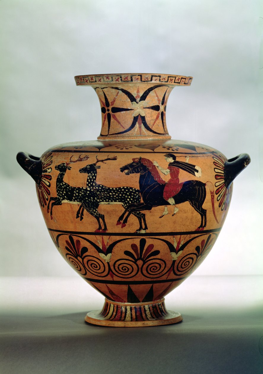 Etruskisk-ionisk sort-figur hydria, der skildrer en jagtscene, fra Cerveteri, ca. 540-530 f.Kr. (keramik) af Unbekannt