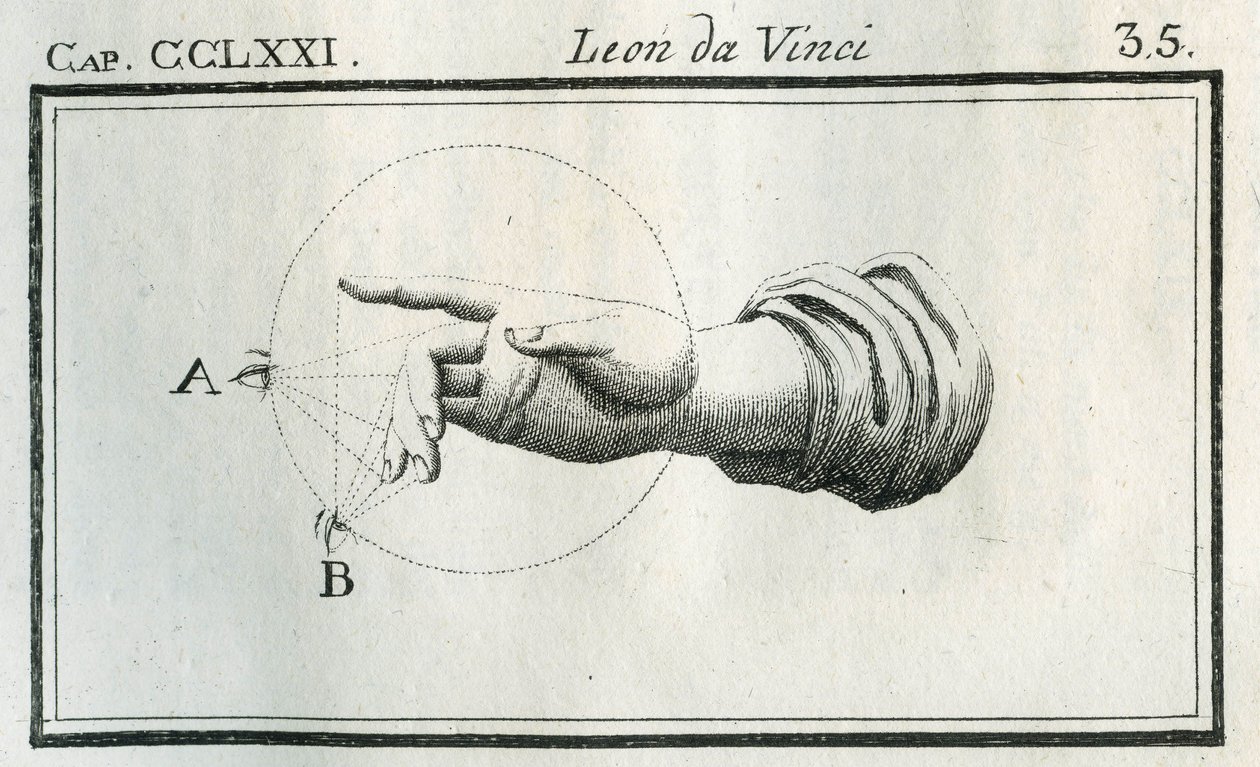Etude om opfattelsen af ​​fingrene på en hånd i bevægelse. Gravering fra "" Treat of Painting "" af Leonardo da Vinci (Leonard de Vinci) (1452-1519). "" Afhandling om maleri af Lionardo da Vinci, "" "Milan, Typografisk Selskab af Unbekannt