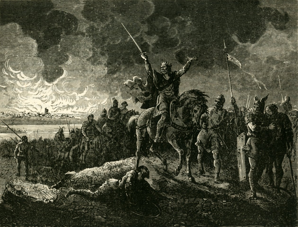 Eudes, hertug af Aquitaine, på flugt fra Bordeaux, affyret af saracenerne, 732AD, 1890. af Unbekannt