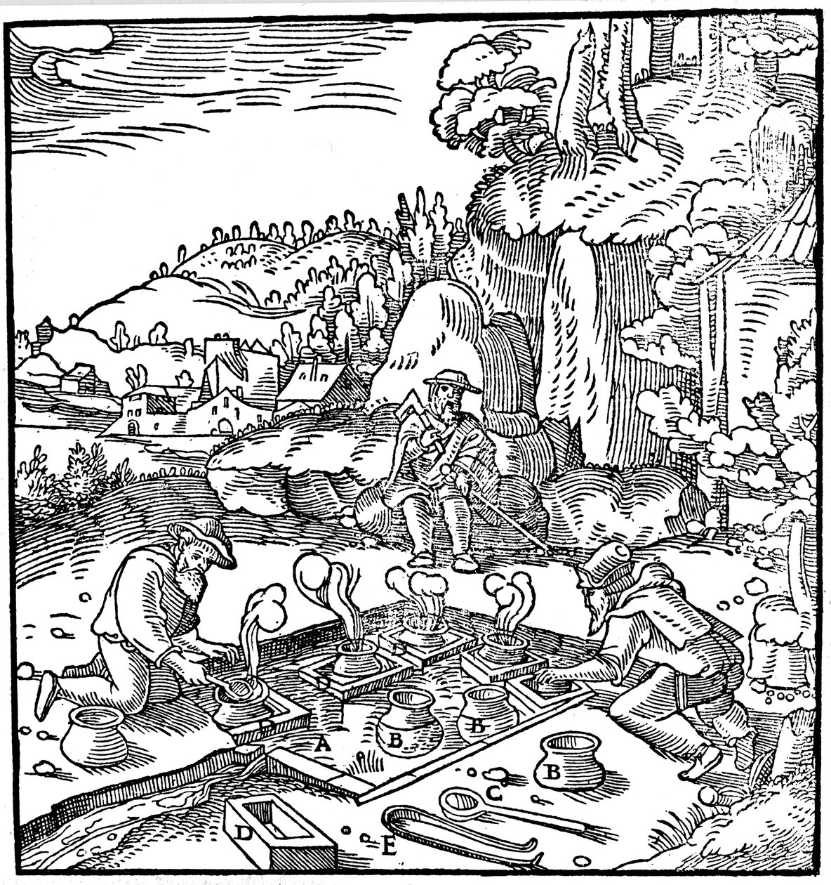 Inddampning af gryder med saltlage i en naturlig varm kilde for at opnå salt, 1556 af Unbekannt