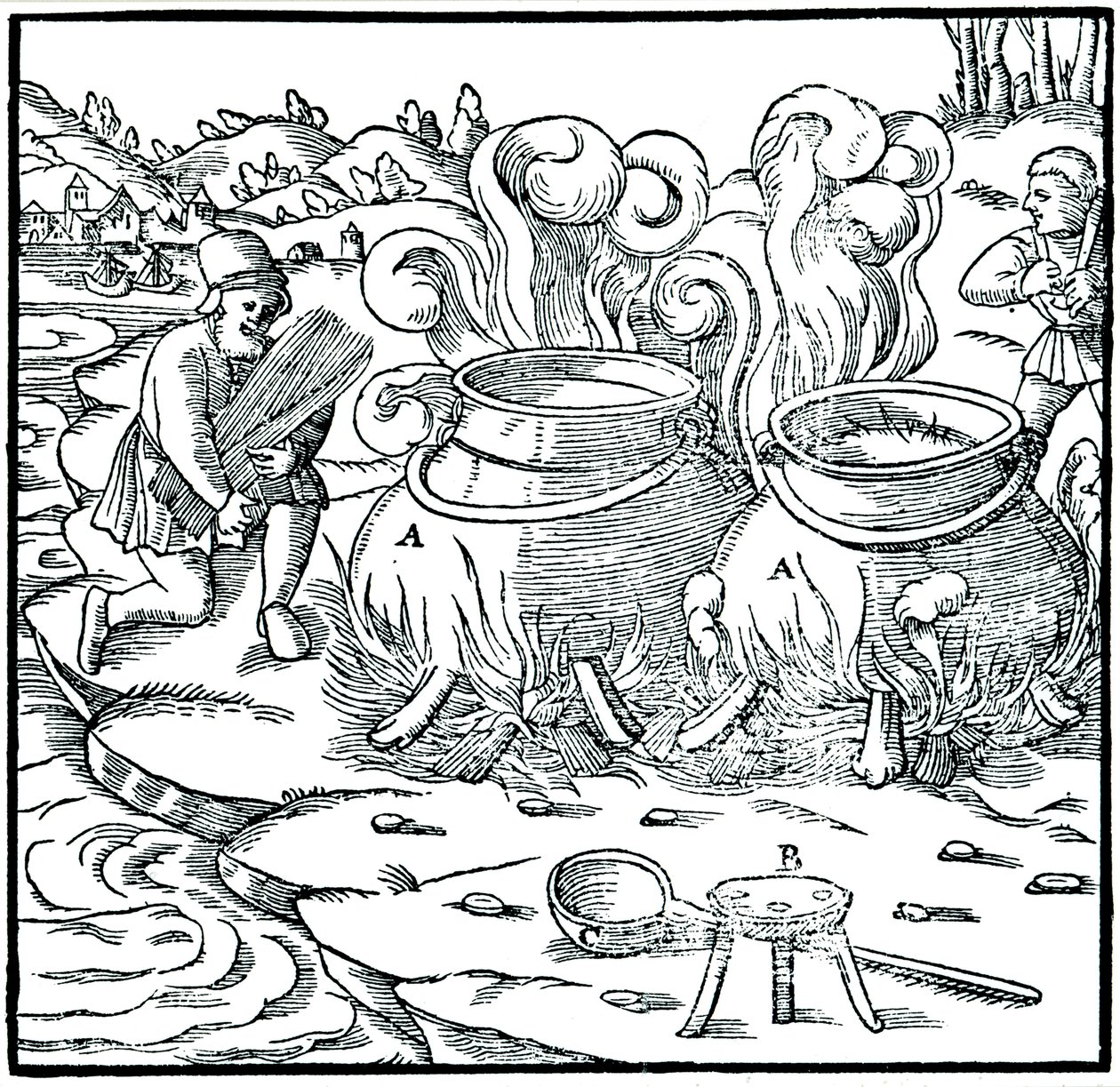 Fordampning af havvand i jerngryder for at opnå salt, 1556 af Unbekannt