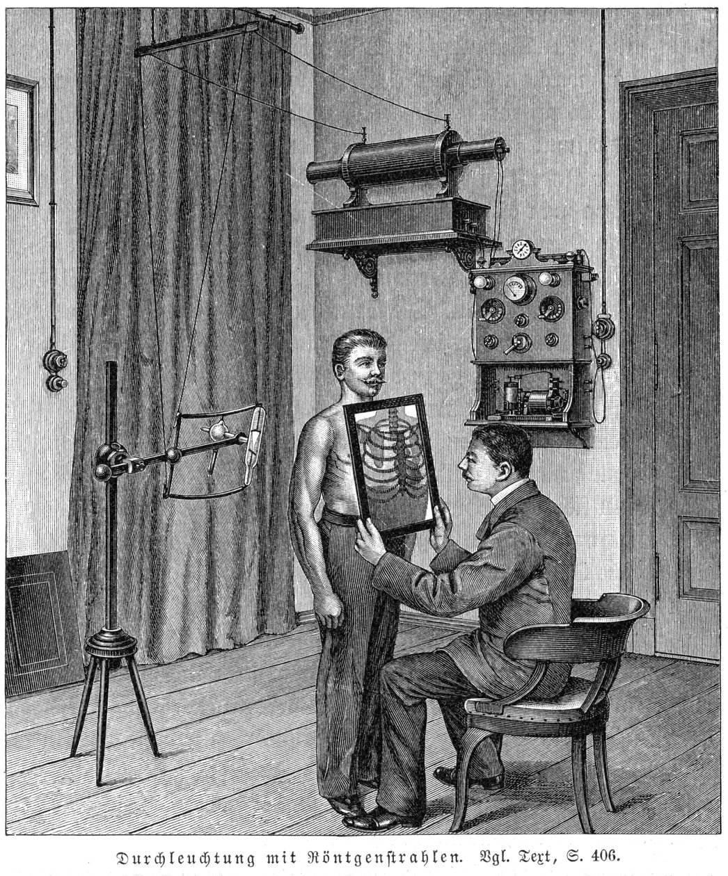 Examining a patients thorax using an X-ray tube and fluorescent screen, 1903 af Unbekannt