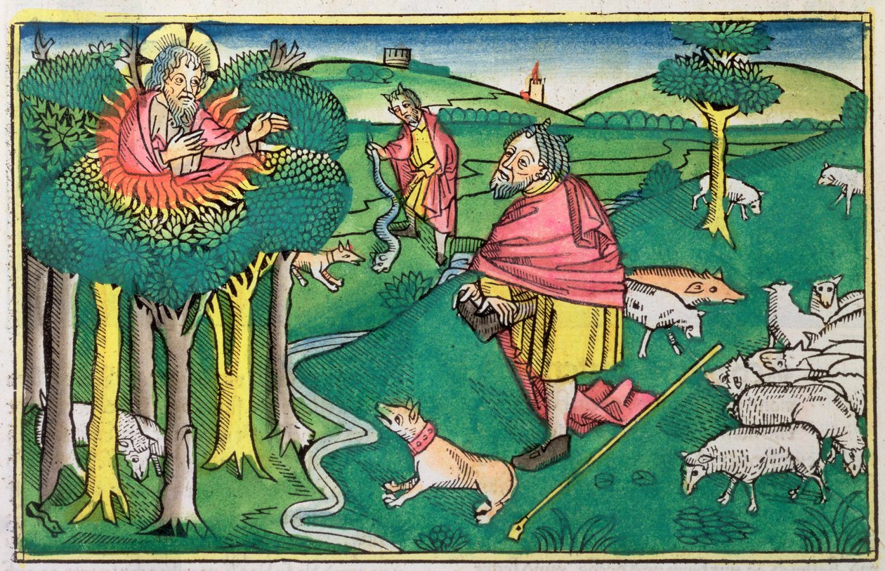 Anden Mosebog 3:1-22 og 4:1-4: den brændende busk og Gud, der bevæbner Moses med den mirakuløse stav af Unbekannt