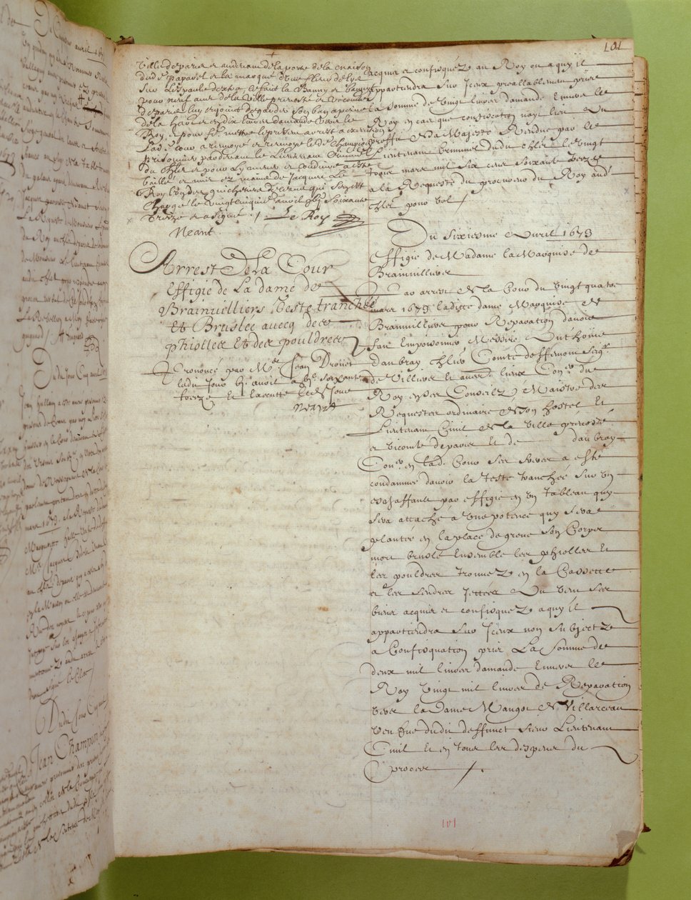 Uddrag fra Conciergerie optegnelser om dødsdommen ved henrettelse og afbrænding af Marquise de Brinvilliers, april 1673 (pen og blæk på papir) af Unbekannt