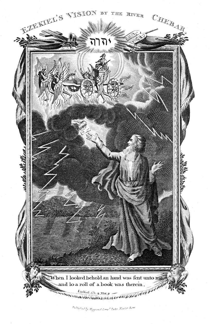 Ezekiels syn af en vogn på himlen og en hånd i skyerne, der rækker en bog frem til ham, 1804 af Unbekannt
