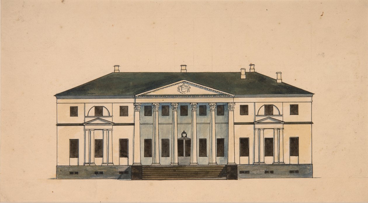Facaden af huset i Golitsyn Petrovo-Dalneye Estate, første kvartal af 1800-tallet. af Unbekannt