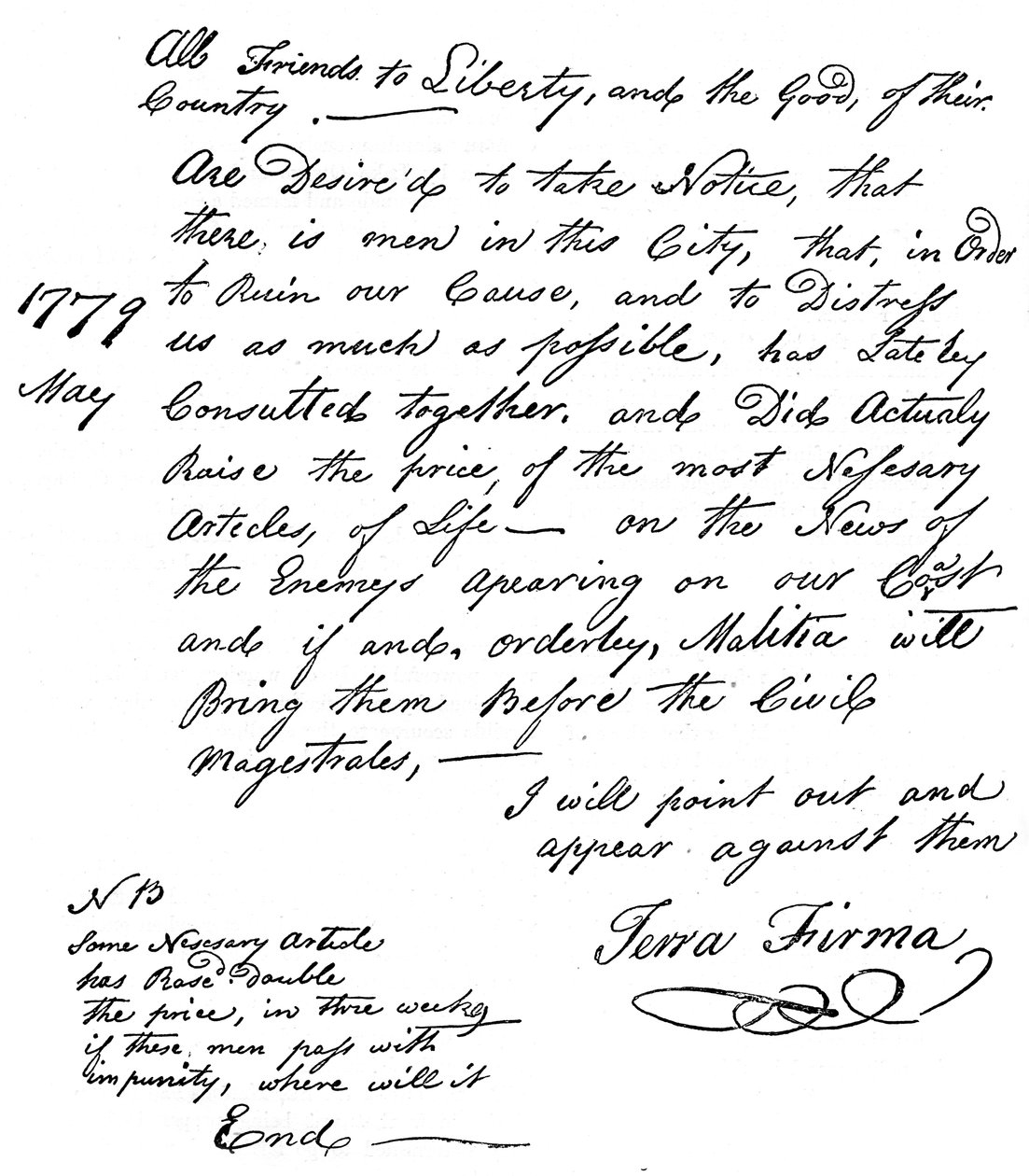 Faksimile af en erklæring om mangel på mad i Amerika, 1779 c1880 af Unbekannt