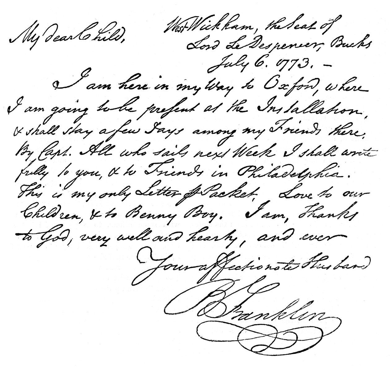 Faksimile af et brev fra Benjamin Franklin til sin kone, 1773 c1880 af Unbekannt