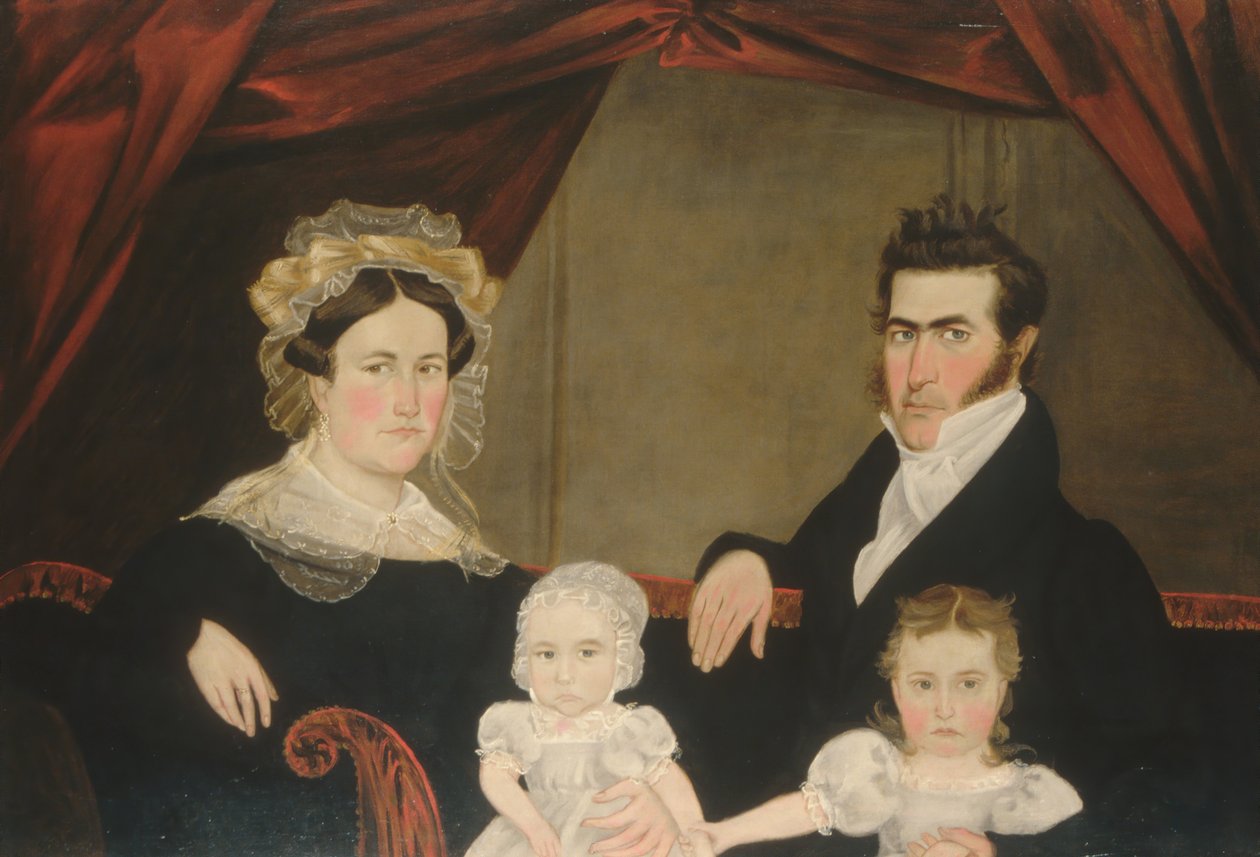 Familiegruppe på fire på sofa, ca. 1830