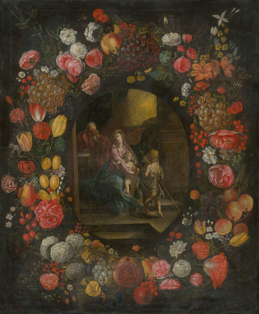 Familie i en blomst og frugtkrans af Unbekannt