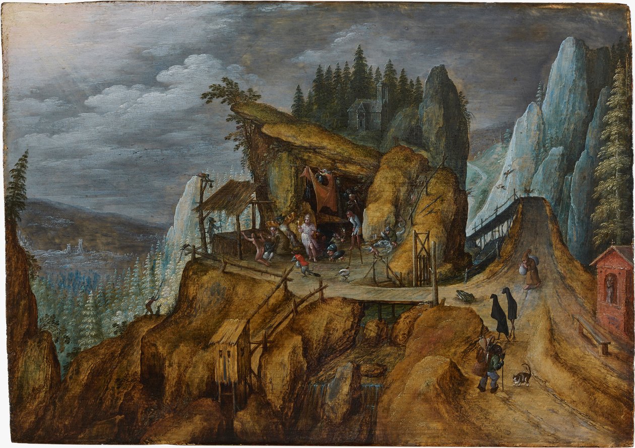 Fantastisk klippelandskab med Sankt Anthonys fristelse, 1600. af Unbekannt
