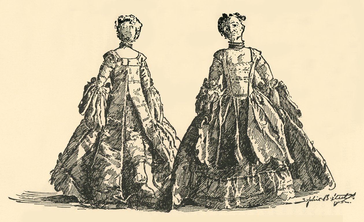 Modedukke i taft Watteau sæk med bøjle underkjole, c1750-1800, 1937 af Unbekannt