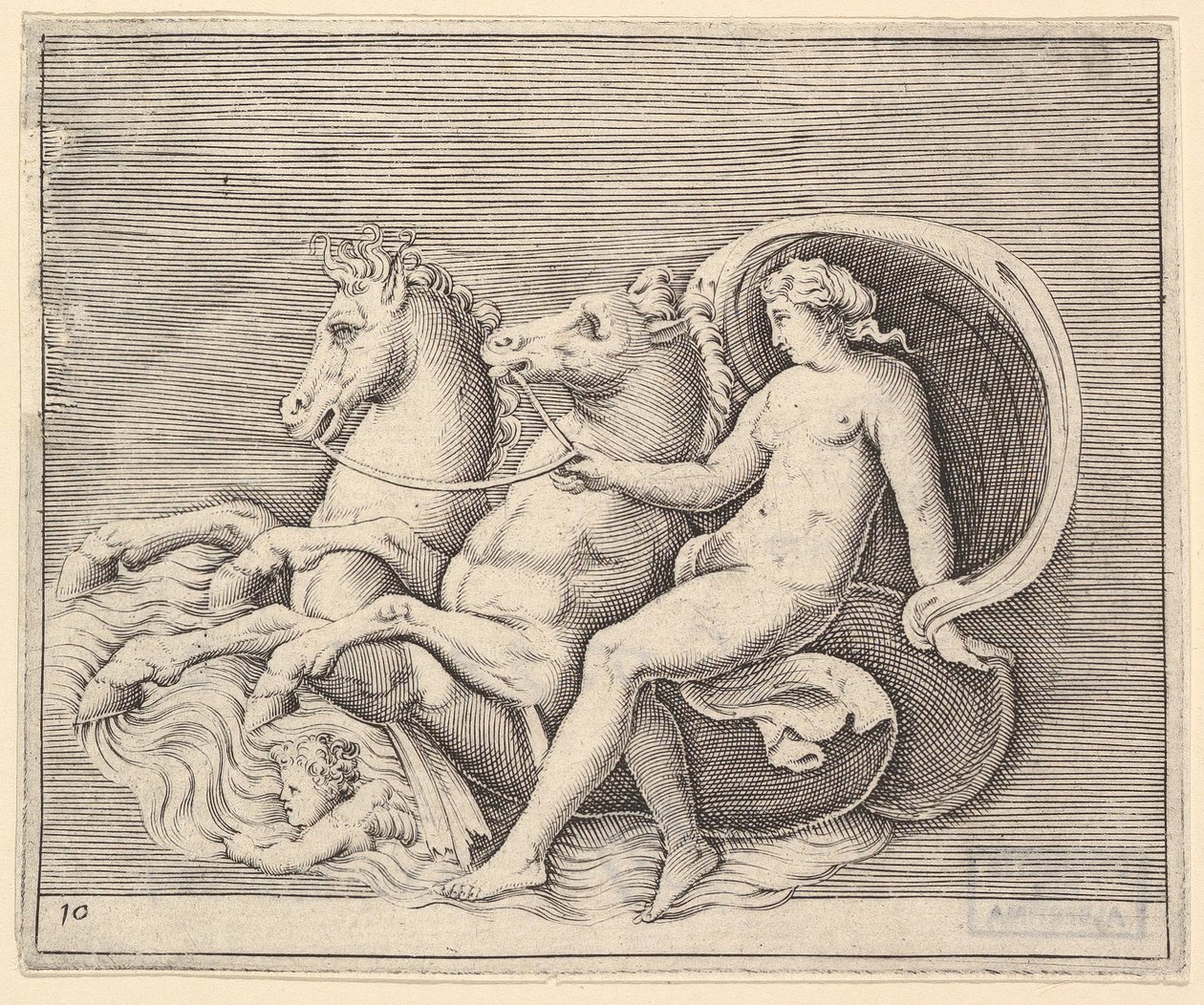 Nøgen kvinde med to søheste, udgivet ca. 1599-1622. af Unbekannt