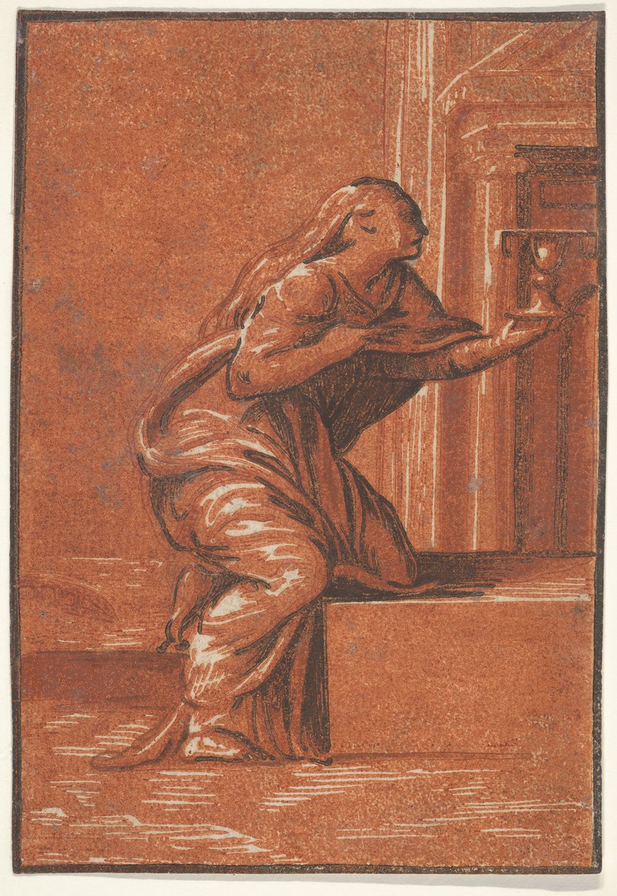 Kvindelig personificering af Faith, der knæler og hæver en kalk i venstre hånd, af..., ca. 1520-1560. af Unbekannt