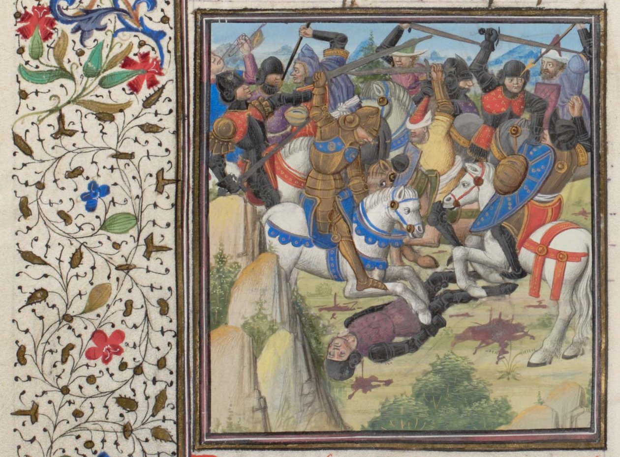 Kamp mellem kristne og saracenere under Saladin. Miniature fra Historia af Vilhelm af Tyrus, 1460