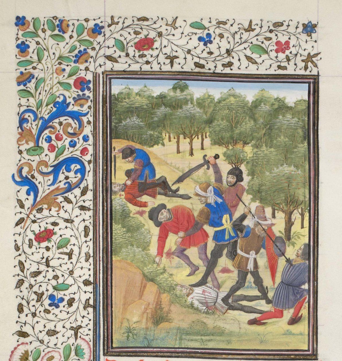 Kæmp i en skov mellem kristne og saracenere. Miniature fra Historia af Vilhelm af Tyrus, 1460
