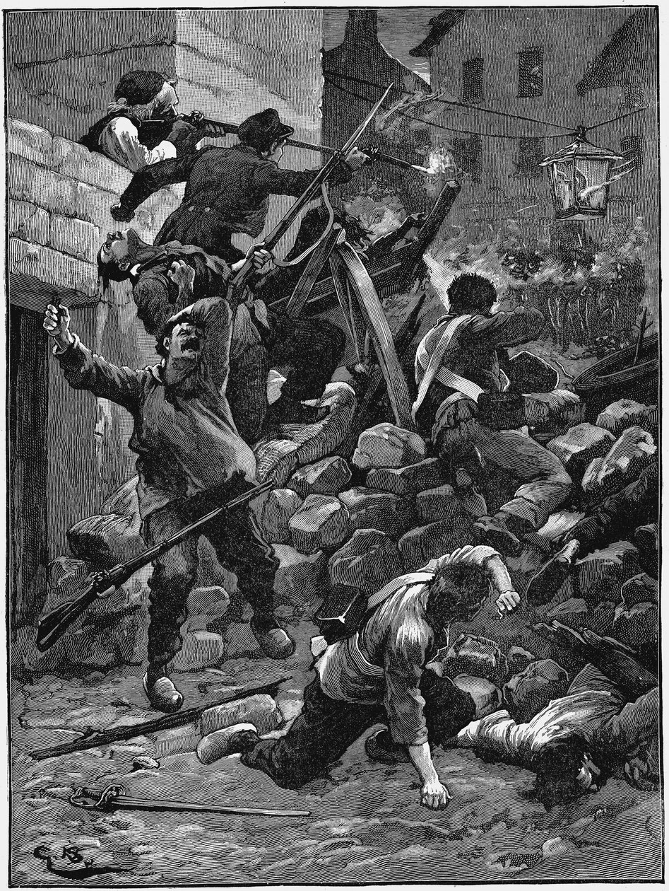 Kamp ved barrikaderne, julimonarkiet, Frankrig, 1848 c1885 af Unbekannt