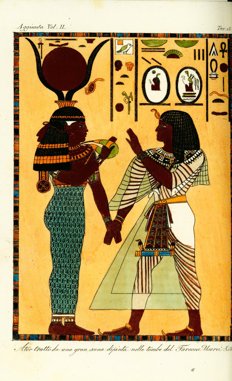 Figur af den egyptiske gudinde Hathor med kong Seti I fra hans grav i Theben, opdaget af Giovanni Battista Belzoni af Unbekannt