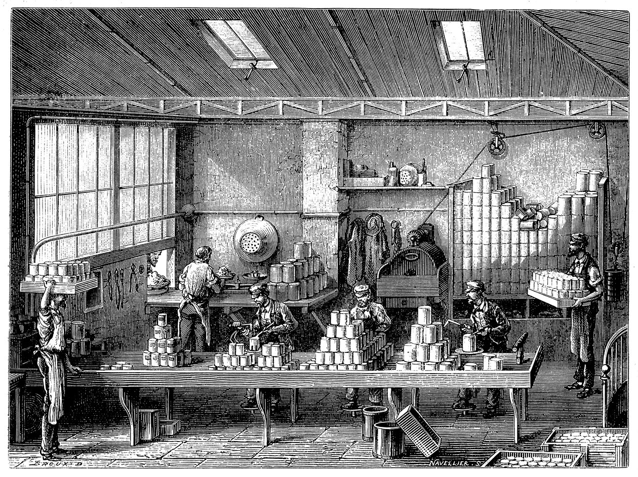 Påfyldning og lodning af dåser med mad, Frankrig, c1870 af Unbekannt