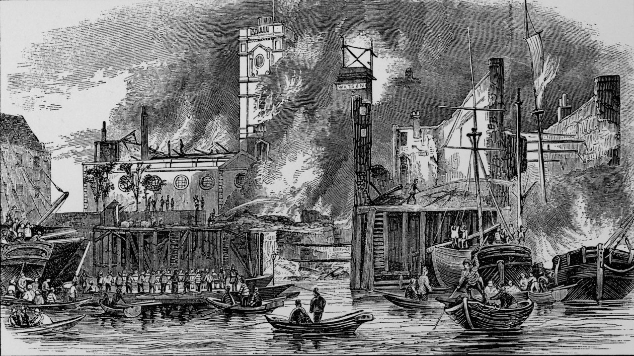 Brand ved Toppings Wharf, London Bridge, 1843, c1843, 1912. af Unbekannt