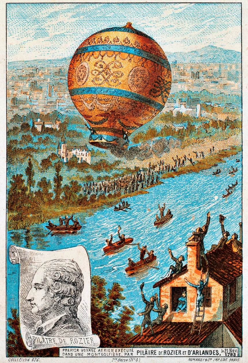 Første luftrejse for Pilâtre de Rozier og dArlandes, Paris, Frankrig, 1783 1890