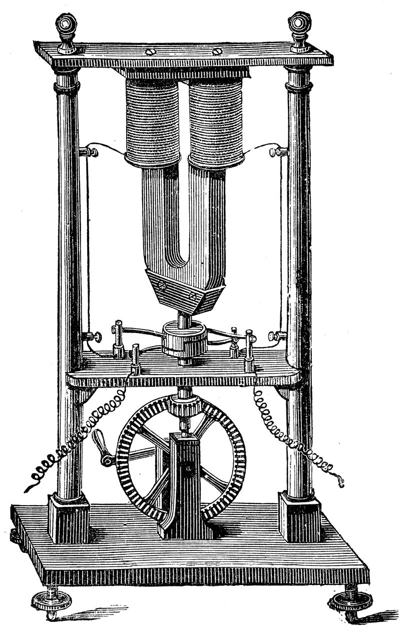 Første magnetoelektriske motor bygget af Hippolyte Pixii, c1832 c1890 af Unbekannt