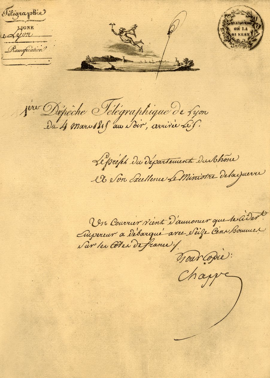 Første telegrafafsendelse fra Lyon, 4. marts 1815, 1921. af Unbekannt