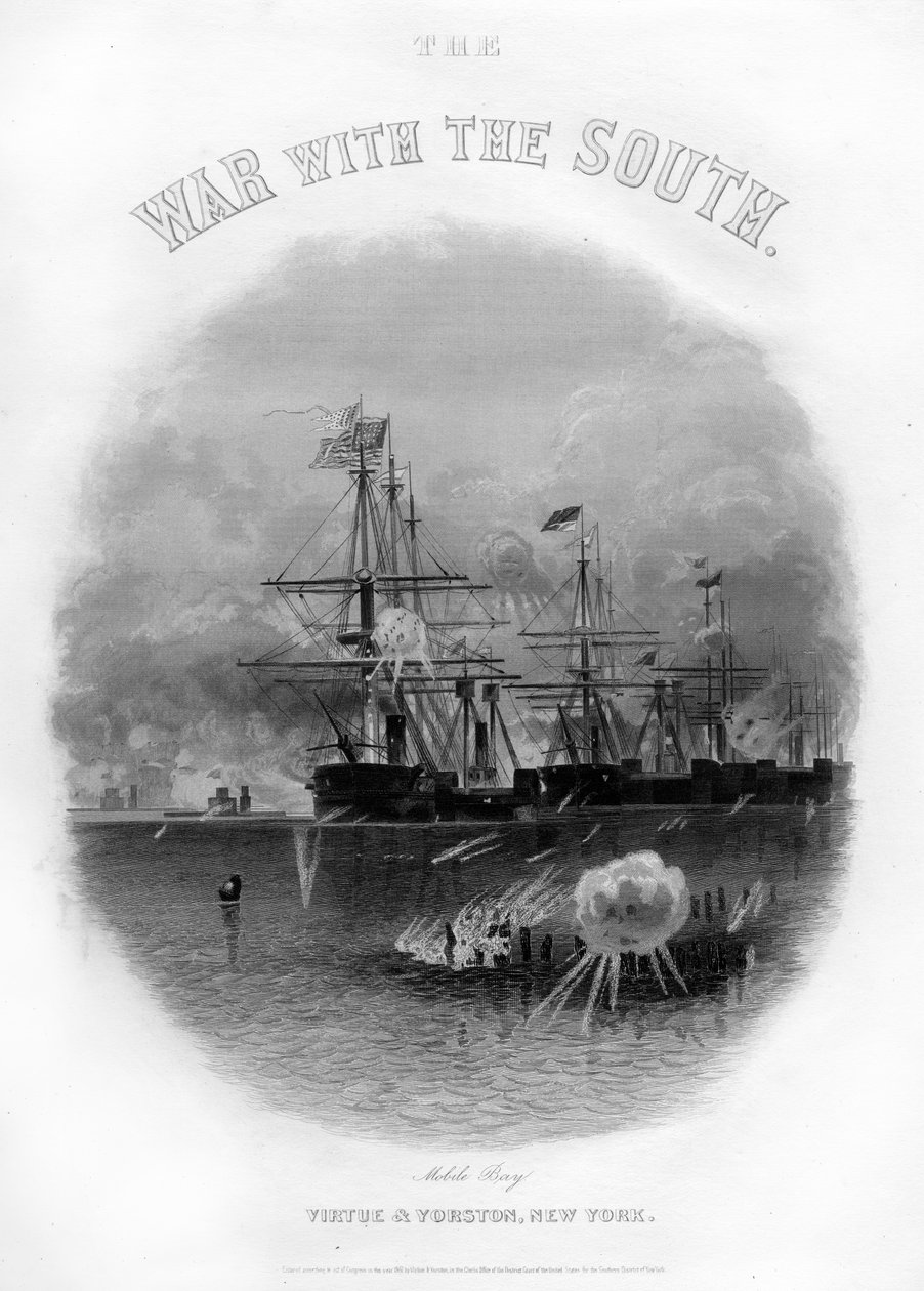 Flåde passerer fortet og forhindringer, Slaget ved Mobile Bay, 5. august 1864, 1862-1867 af Unbekannt