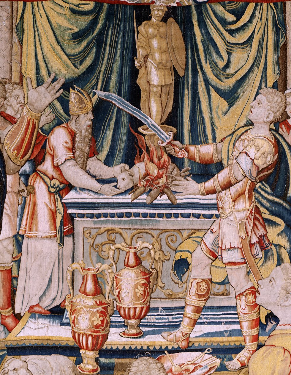 flamsk gobelin. Serien Hannibals historie. Hannibals ed (Juramento de Aníbal). Første gobelin i serien. Tegnefilm anonym mester i Holland. Fremstille Bruxelles’ værksteder. Ca 1570. Stof Uld og silke, 6,5/7 kædegarn pr. cm. Størrelse 34 af Unbekannt