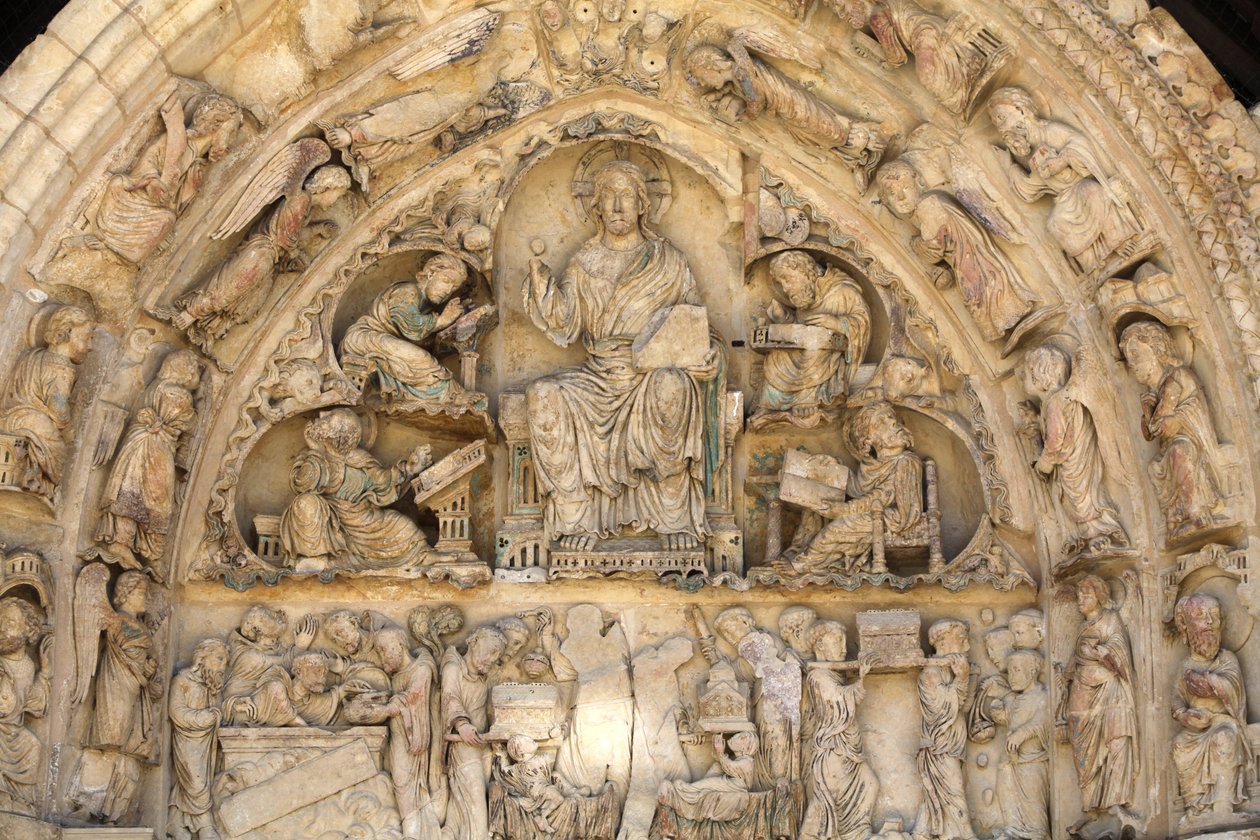 Fleury Abbey Basilica North Gate Tympanum: Kristus i herlighed omgivet af evangelister Saint Benoit sur Loire Frankrig af Unbekannt