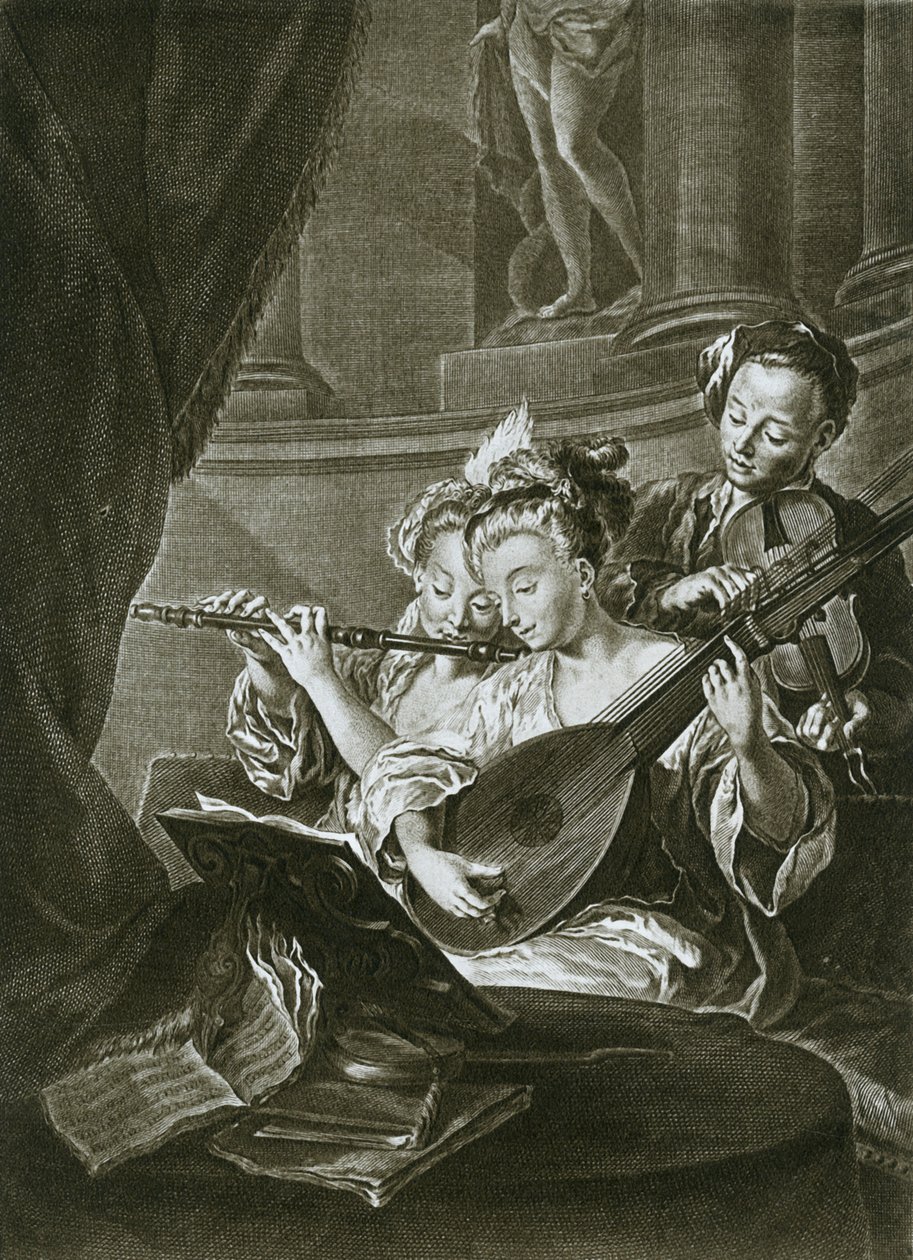 Fløjte, violin og chitarrone George Frederick Handel som ung musiker i Hamborg, attende årh af Unbekannt