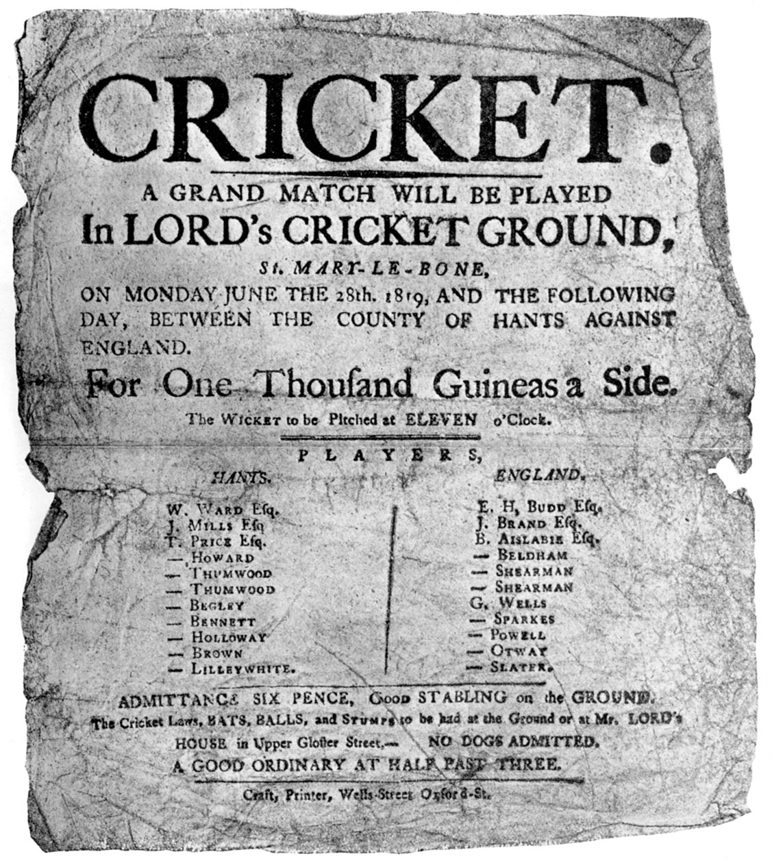 Flyer, der reklamerer for en cricketkamp mellem Hampshire og England, 1819 1912 af Unbekannt