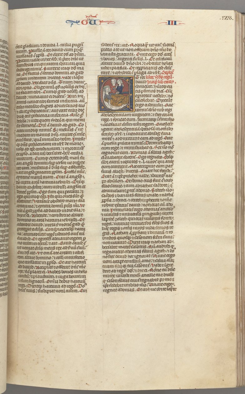 Fol. 123r, Kings III, historisk initial E, en ledsager, der bragte Abishag til David..., ca. 1275-1300 af Unbekannt