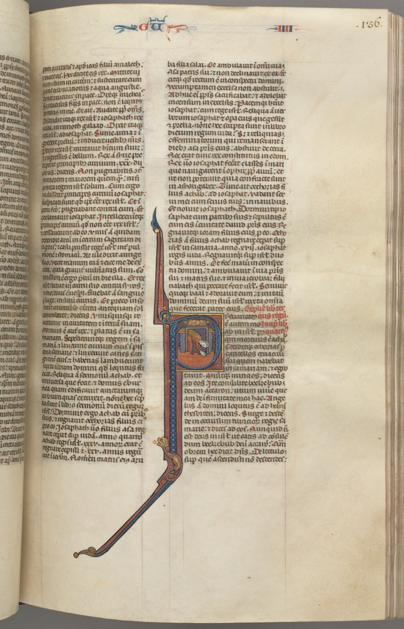 Fol. 136r, Kings IV, historisk initial P, Ahazja falder fra et tårn, ca. 1275-1300. af Unbekannt