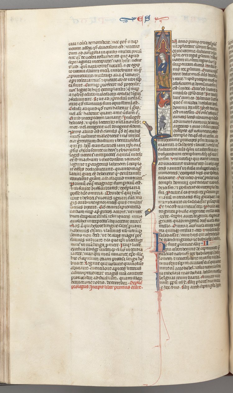 Fol. 174v, Ezra, historisk initial I, Kyros leder bygningen af templet, ca. 1275-1300. af Unbekannt