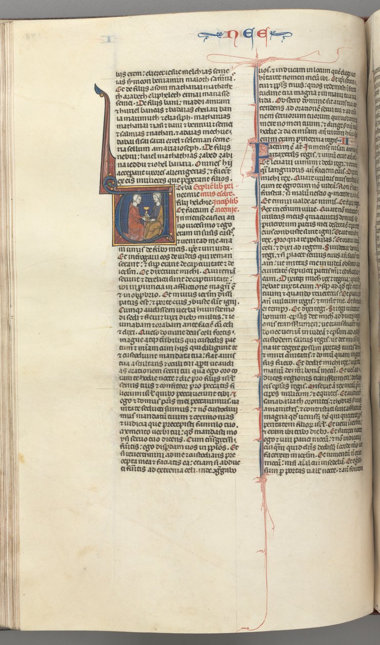 Fol. 178v, Nehemias, historisk initial V, Nehemias præsenterer det gyldne bæger til Artaxerxes, ca. 127 af Unbekannt