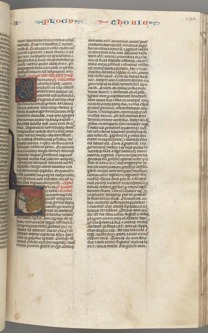 Fol. 190r,Tobit, historisk initial T, Tobit sover på en seng, ca. 1275-1300. af Unbekannt