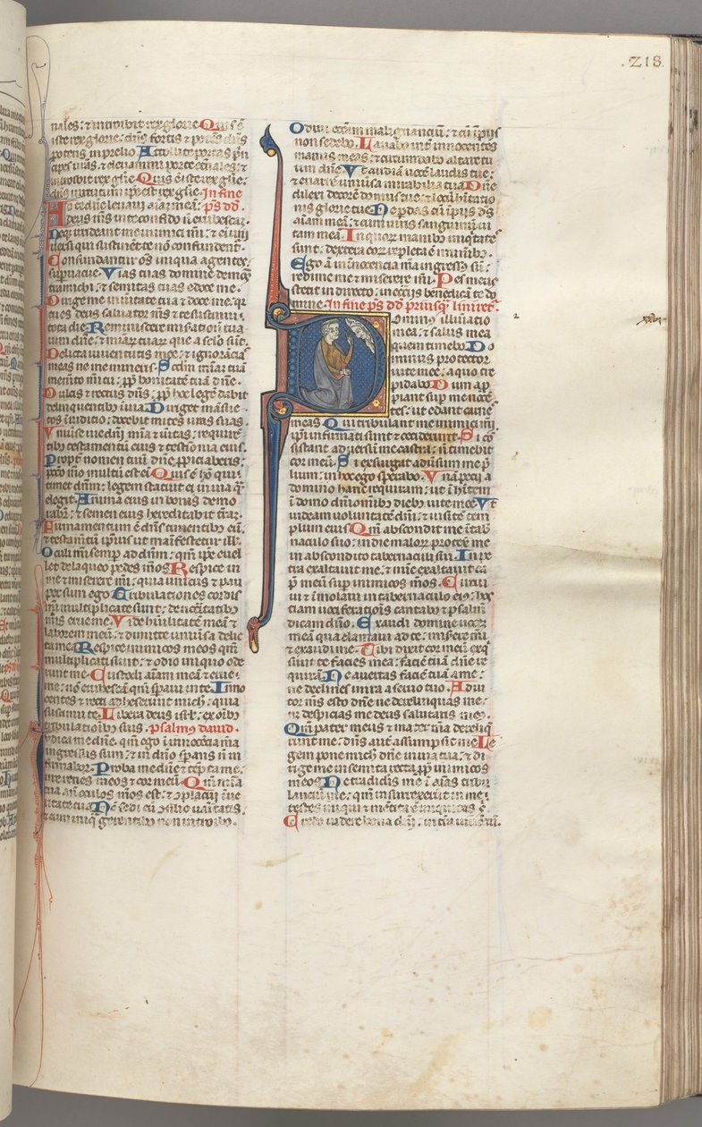 Fol. 218r, Salme 26, historisk initial D, David knælende og peger på sine øjne, Guds buste..., af Unbekannt
