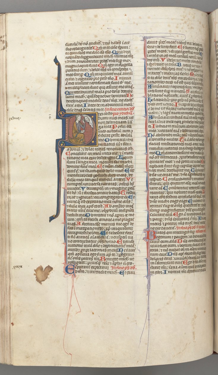Fol. 220v, Salme 38, historisk initial D, David knæler og tegner til Guds buste ovenover, ca. 1 af Unbekannt
