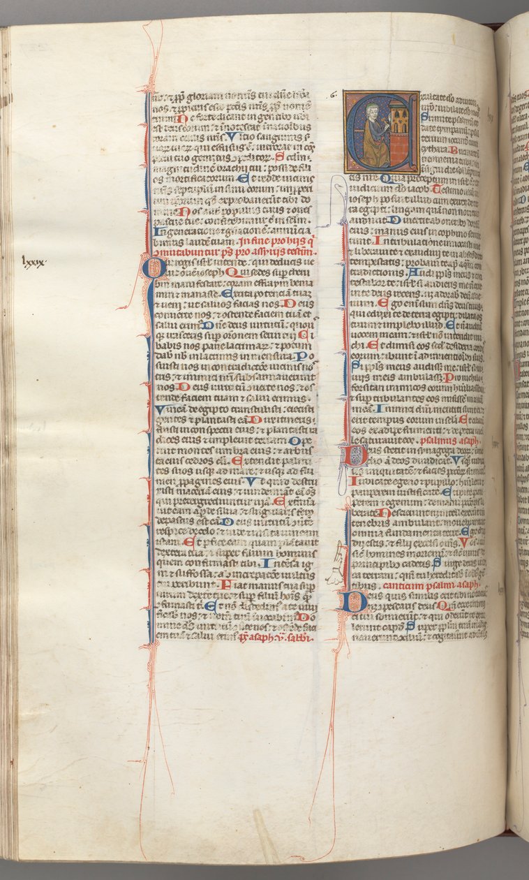 Fol. 227v, Salme 80, historisk initial E, David slår et klokkespil af helvede, ca. 1275-1300. af Unbekannt