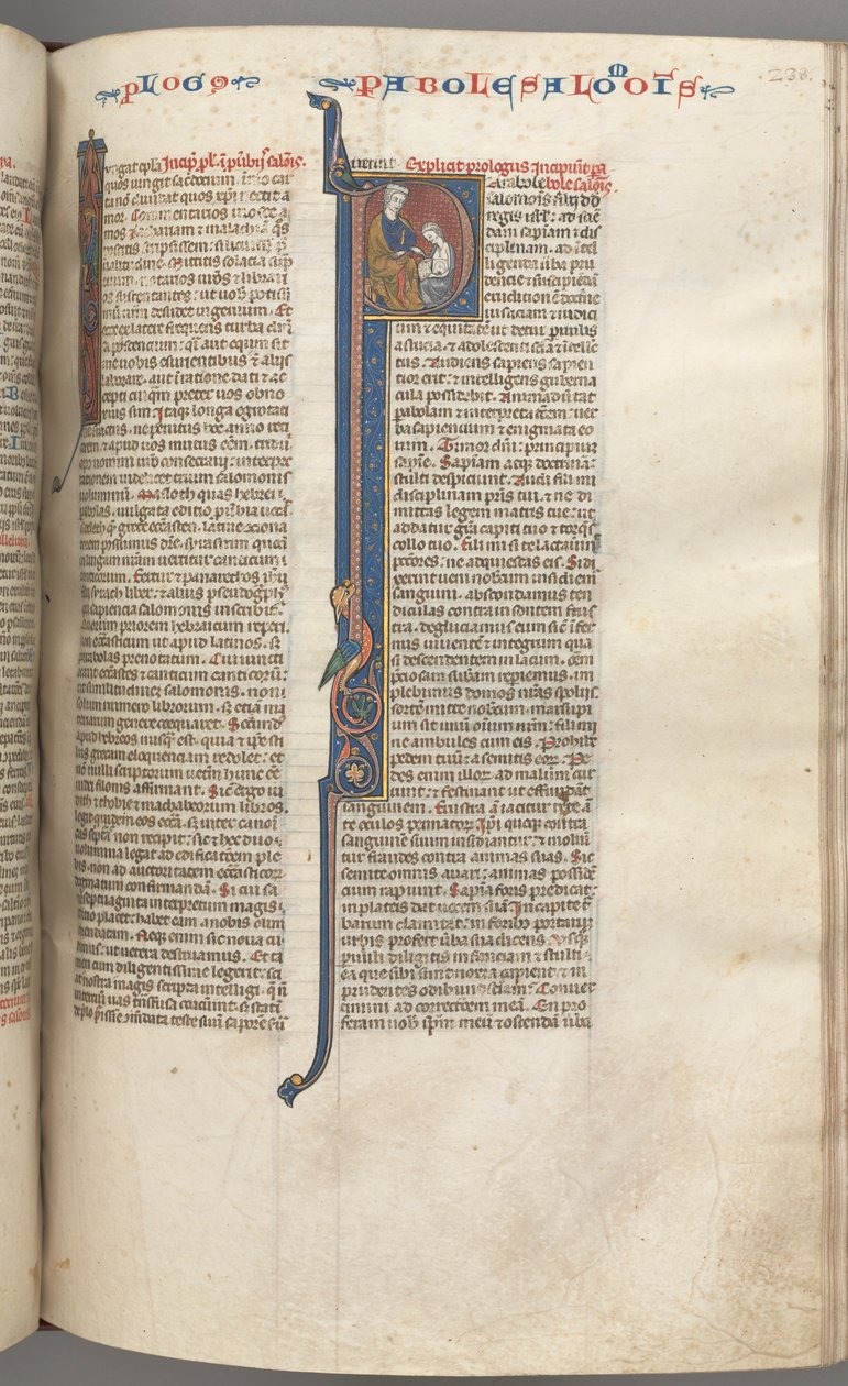 Fol. 238r, Ordsprog, historisk initial P, Salomon instruerer Rehabeam, ca. 1275-1300. af Unbekannt