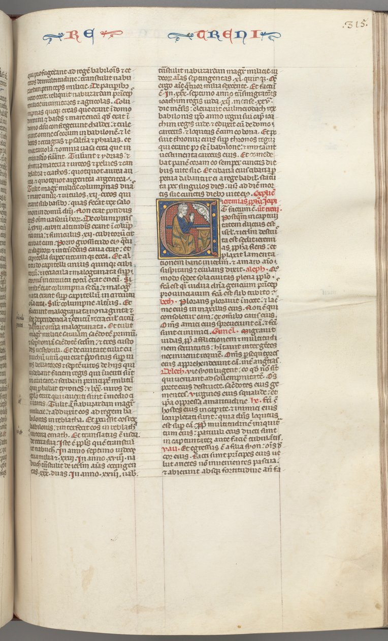 Fol. 315r, Lamentations, historisk initial E, en knælende Jeremias, der beder til en buste af Gud, ca. 127 af Unbekannt