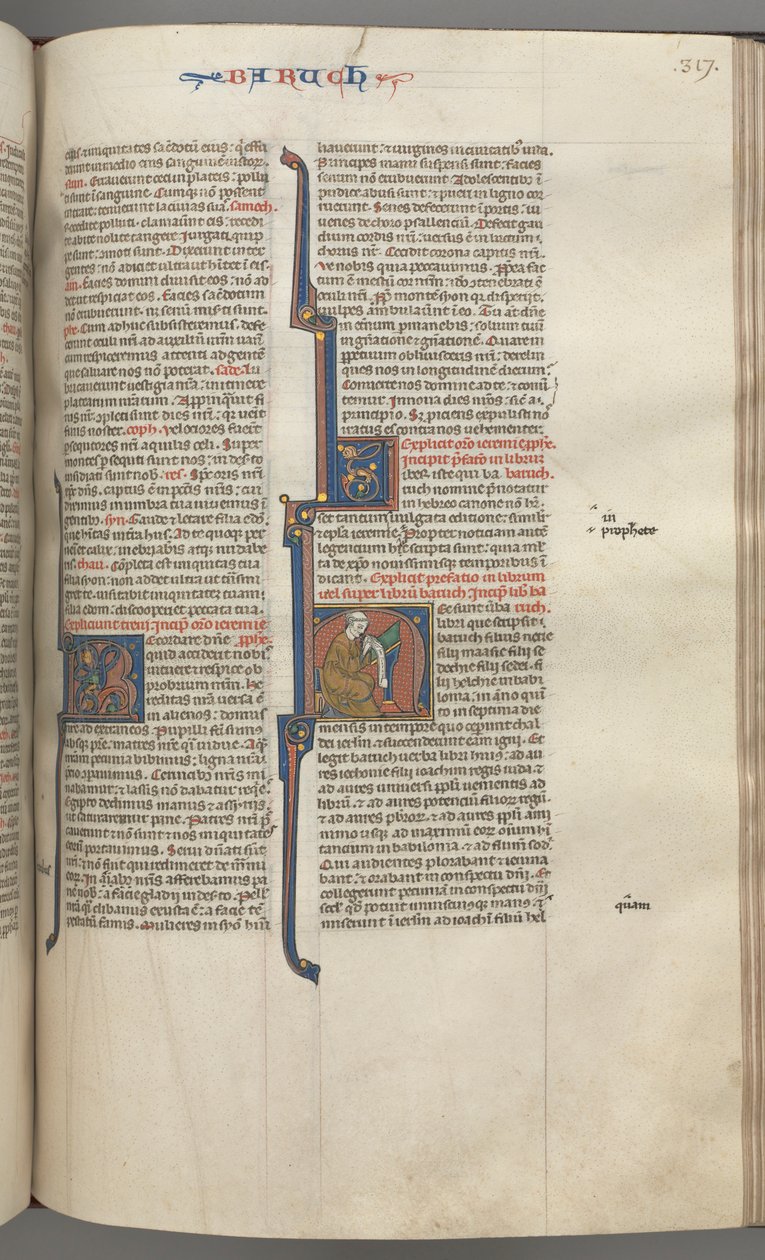 Fol. 317r, Baruch, historisk initial H, Baruch siddende ved et skrivebord og skriver på en rulle, ca. 1275-1300. af Unbekannt