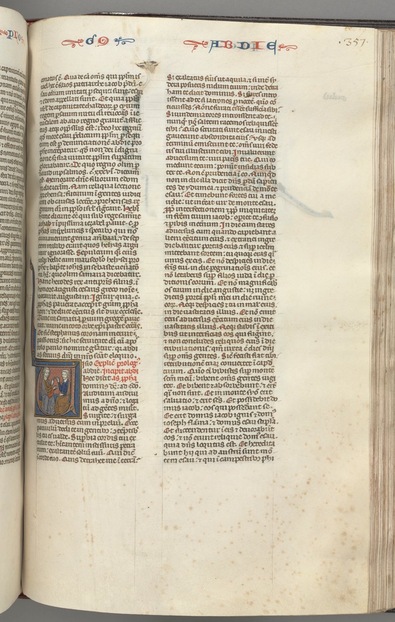 Fol. 357r, Obadiah, historiker initial V, Obadiah og en jøde i diskussion, ca. 1275-1300. af Unbekannt